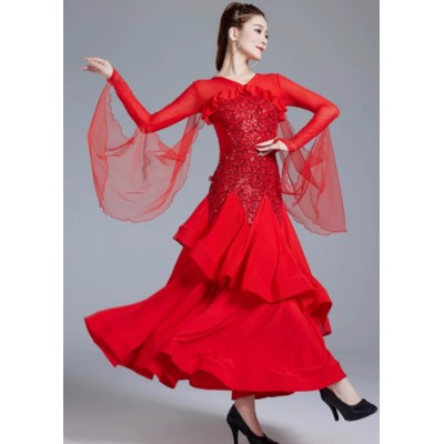 Women black red sequins ballroom dance dresses waltz tango foxtrot smooth dance long gown with float sleeves for lady